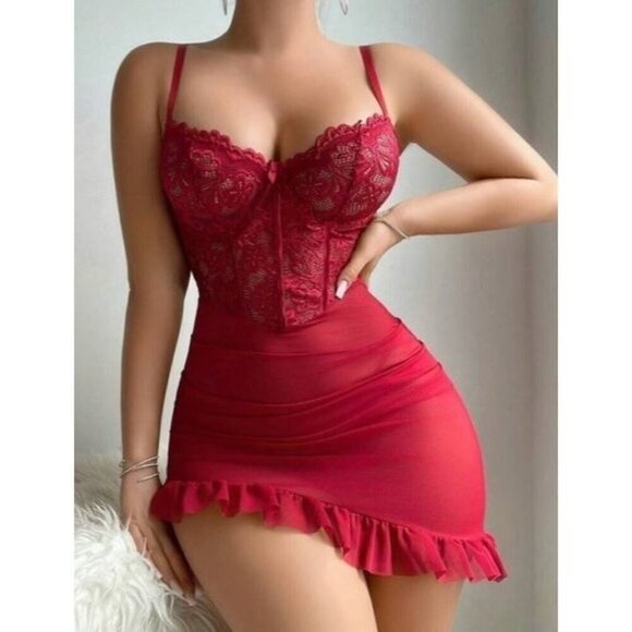 Sexy Burgundy Lace Contrast Mesh Lingerie Set - Picture 4 of 6